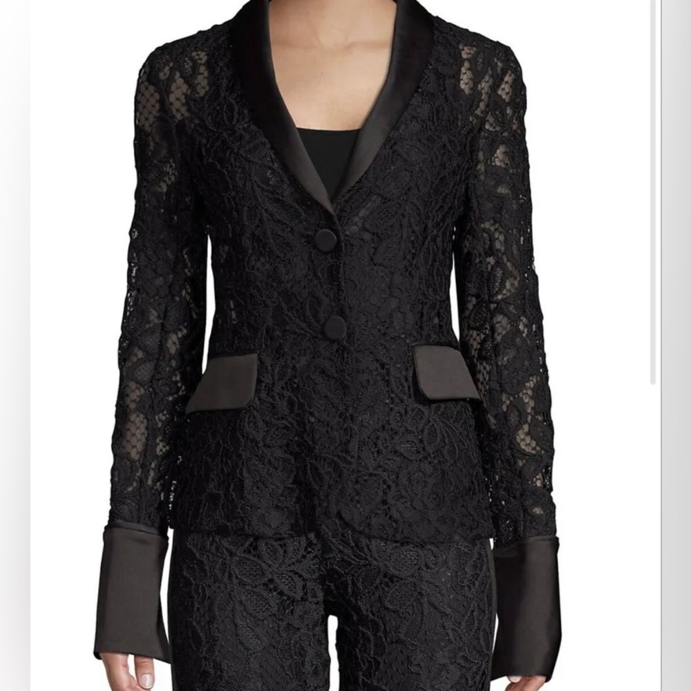 Alexis Womens Black French Lace Tuxedo Satin Evening Jacket blazer Medium